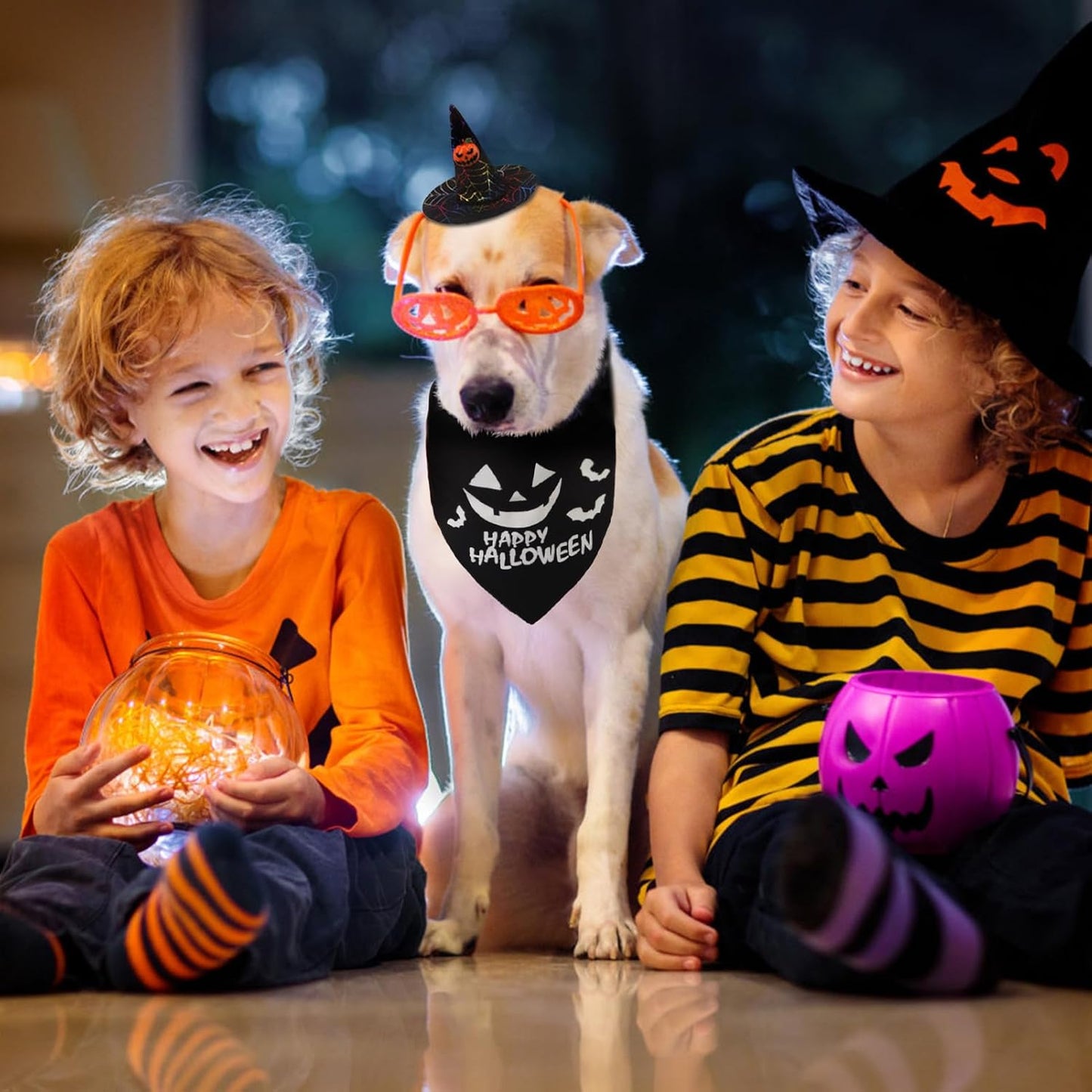 Dog Halloween Bandana & Wizard Hat Set β Cute Pumpkin Costume Accessories for Small, Medium & Large Dogs | Funny Luminous Print Scarf & Adjustable Hat for Boy & Girl Pets (Black)
