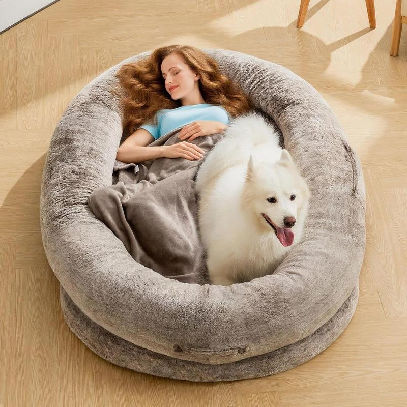 Extra Large Human Dog Bed for Adults & Pets – Cozy Faux Fur Lounger with Pillow & Blanket | Washable Orthopedic Sofa for Deep Sleep & Relaxation | Perfect Gift for Pet Lovers (68"x35"x14")