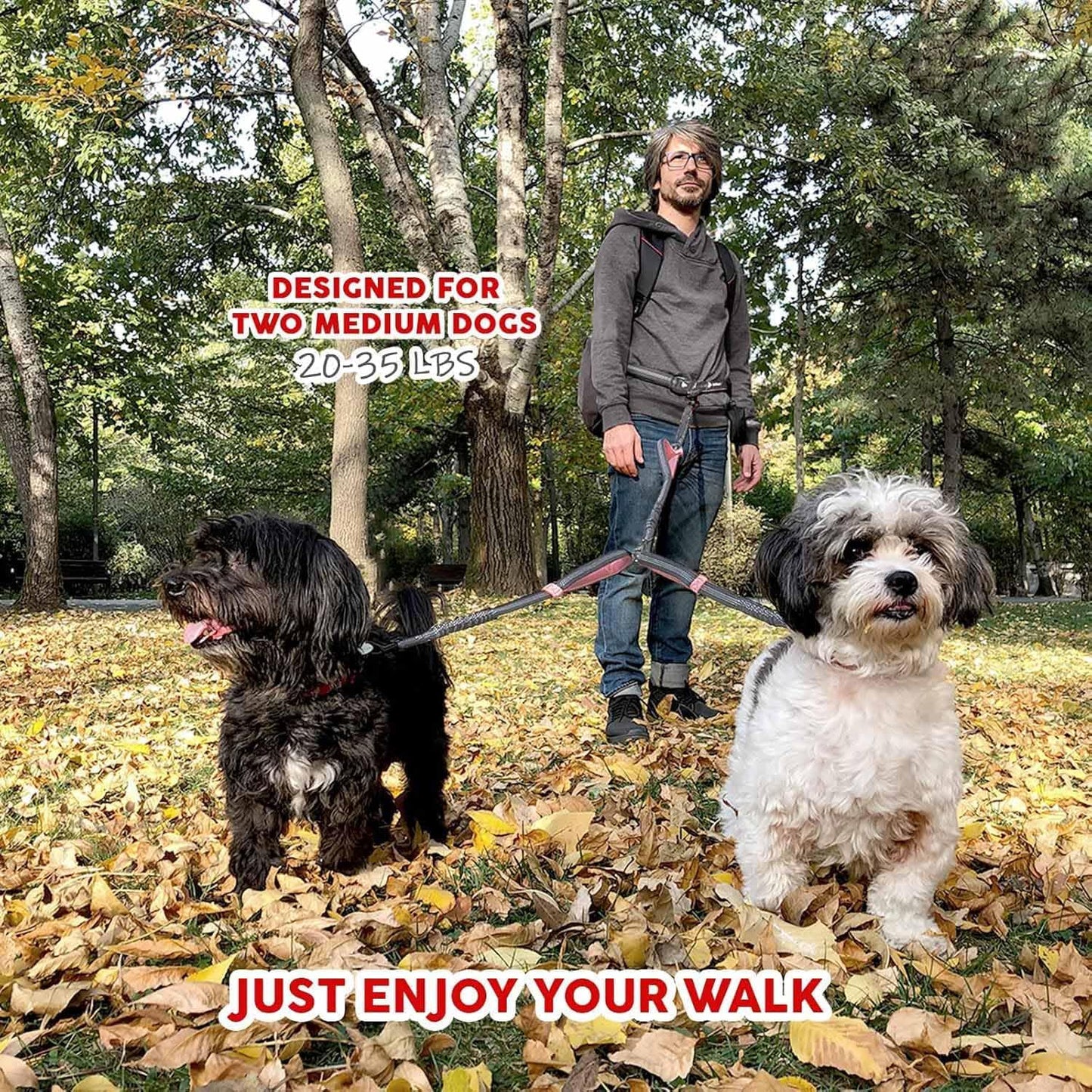 Hands-Free Dual Dog Leash with Waist Belt – No-Tangle Bungee Lead for Walking, Running, and Training Two Medium Dogs (Dark Grey & Pink)