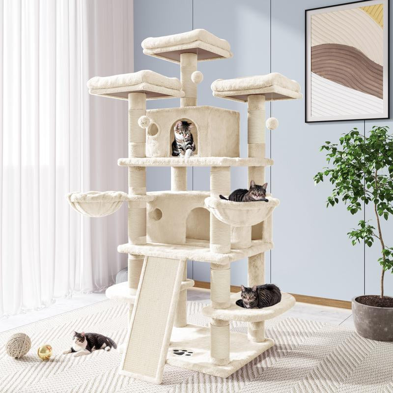 Allewie 68" Cat Tree Tower for Large Cats – Multi-Level Cat Condo with Scratching Posts, Hammocks & Platforms | Sturdy Cat Climbing Tree with Plush Covering (Beige, Pink, Light Grey, Smoky Grey, Leopard Print)