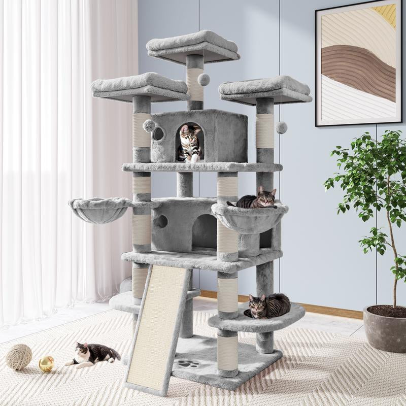 Allewie 68" Cat Tree Tower for Large Cats – Multi-Level Cat Condo with Scratching Posts, Hammocks & Platforms | Sturdy Cat Climbing Tree with Plush Covering (Beige, Pink, Light Grey, Smoky Grey, Leopard Print)