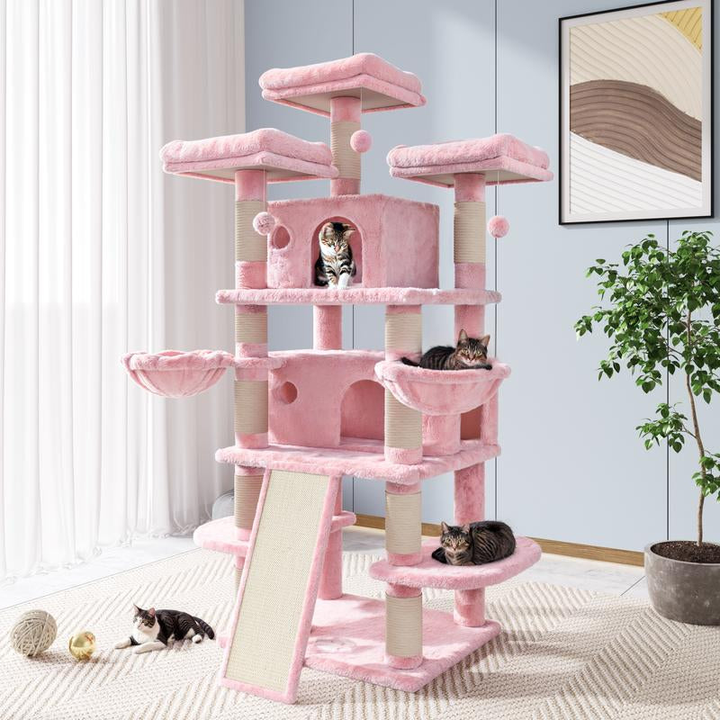 Allewie 68" Cat Tree Tower for Large Cats – Multi-Level Cat Condo with Scratching Posts, Hammocks & Platforms | Sturdy Cat Climbing Tree with Plush Covering (Beige, Pink, Light Grey, Smoky Grey, Leopard Print)
