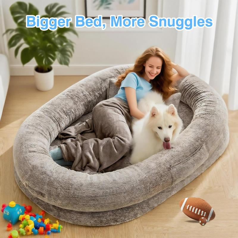 Extra Large Human Dog Bed for Adults & Pets – Cozy Faux Fur Lounger with Pillow & Blanket | Washable Orthopedic Sofa for Deep Sleep & Relaxation | Perfect Gift for Pet Lovers (68"x35"x14")