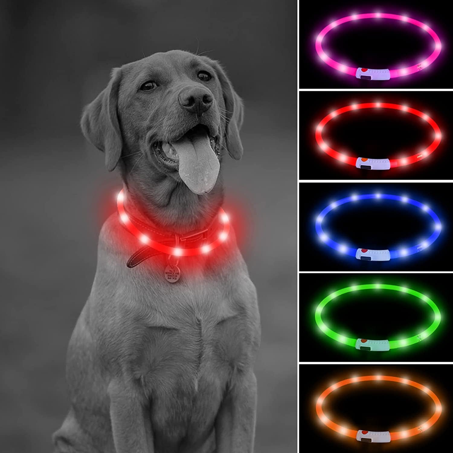 LED Dog Collar – USB Rechargeable Glow in the Dark Necklace for Dogs & Cats | Cuttable Silicone Light-Up Collar with 3 Flash Modes, Waterproof & Visible up to 500m (Red)