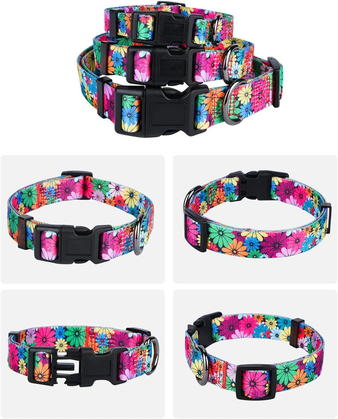 Dog Collar for Small, Medium & Large Dogs – Adjustable Floral Pattern Collar for Girl & Boy Dogs – Comfortable & Durable with Safety Buckle & D-Ring (Medium: Neck 13.1"-19", Width 3/4")
