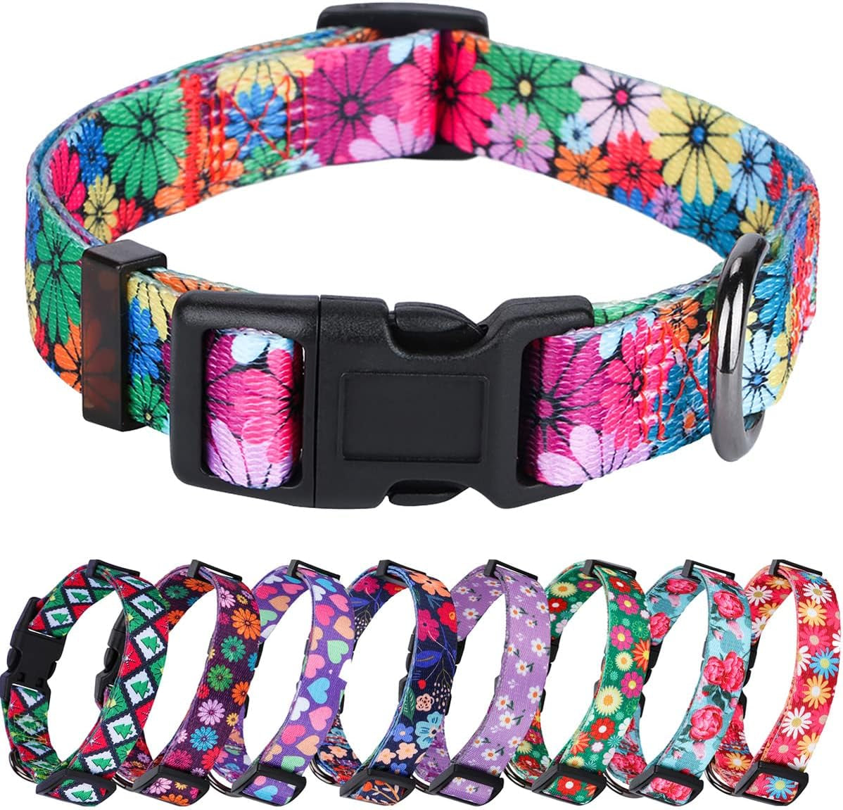 Dog Collar for Small, Medium & Large Dogs – Adjustable Floral Pattern Collar for Girl & Boy Dogs – Comfortable & Durable with Safety Buckle & D-Ring (Medium: Neck 13.1"-19", Width 3/4")