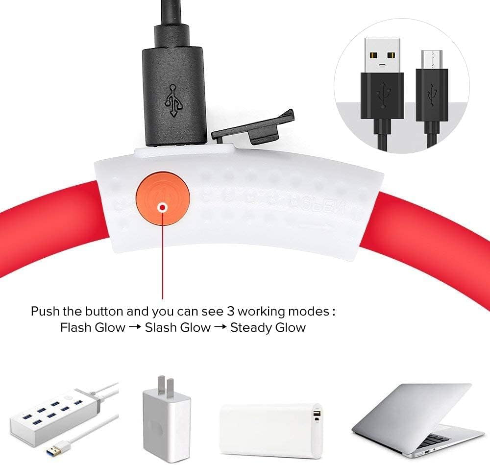 LED Dog Collar – USB Rechargeable Glow in the Dark Necklace for Dogs & Cats | Cuttable Silicone Light-Up Collar with 3 Flash Modes, Waterproof & Visible up to 500m (Red)