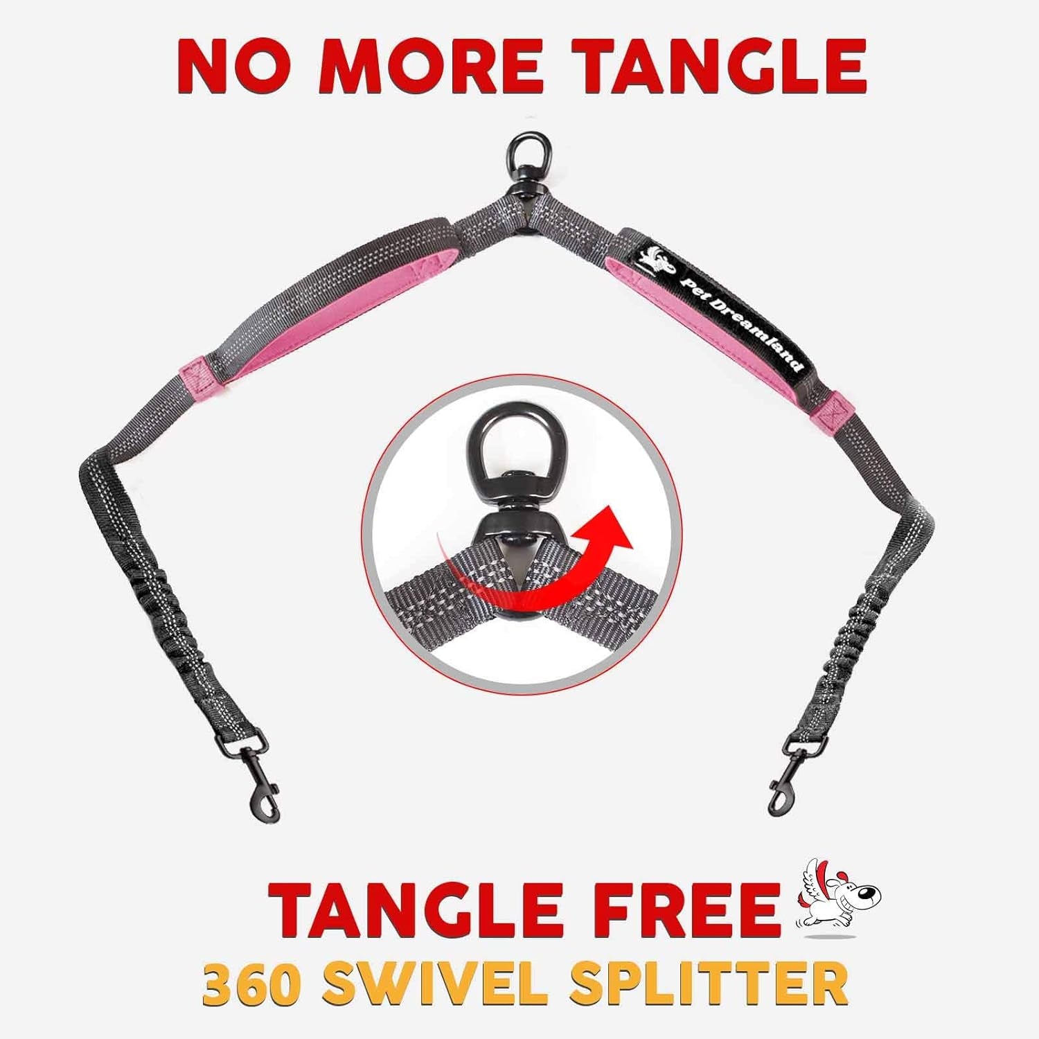 Hands-Free Dual Dog Leash with Waist Belt – No-Tangle Bungee Lead for Walking, Running, and Training Two Medium Dogs (Dark Grey & Pink)