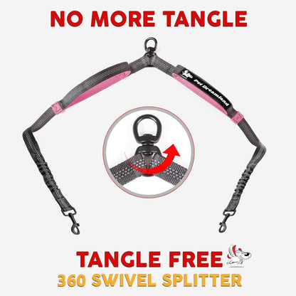 Hands-Free Dual Dog Leash with Waist Belt – No-Tangle Bungee Lead for Walking, Running, and Training Two Medium Dogs (Dark Grey & Pink)