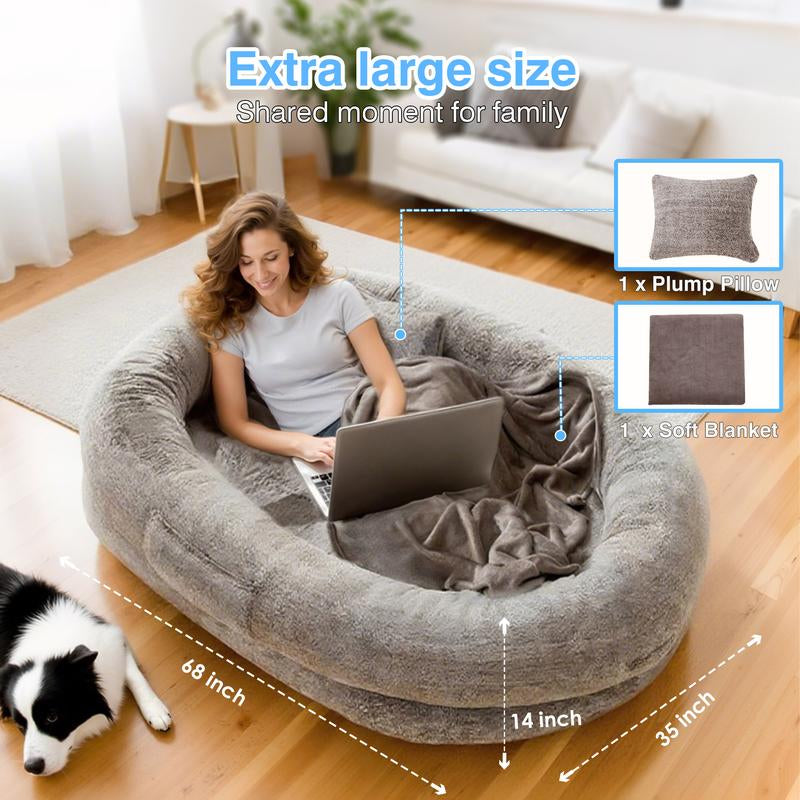 Extra Large Human Dog Bed for Adults & Pets – Cozy Faux Fur Lounger with Pillow & Blanket | Washable Orthopedic Sofa for Deep Sleep & Relaxation | Perfect Gift for Pet Lovers (68"x35"x14")
