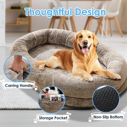 Extra Large Human Dog Bed for Adults & Pets – Cozy Faux Fur Lounger with Pillow & Blanket | Washable Orthopedic Sofa for Deep Sleep & Relaxation | Perfect Gift for Pet Lovers (68"x35"x14")