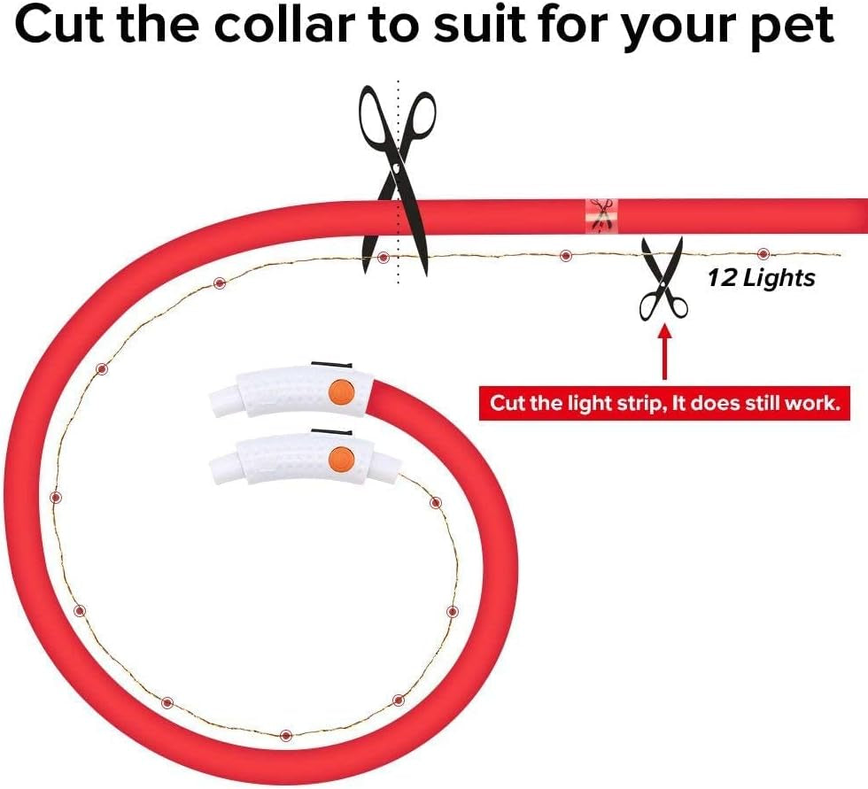 LED Dog Collar – USB Rechargeable Glow in the Dark Necklace for Dogs & Cats | Cuttable Silicone Light-Up Collar with 3 Flash Modes, Waterproof & Visible up to 500m (Red)