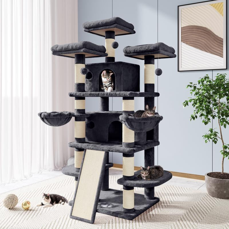 Allewie 68" Cat Tree Tower for Large Cats – Multi-Level Cat Condo with Scratching Posts, Hammocks & Platforms | Sturdy Cat Climbing Tree with Plush Covering (Beige, Pink, Light Grey, Smoky Grey, Leopard Print)