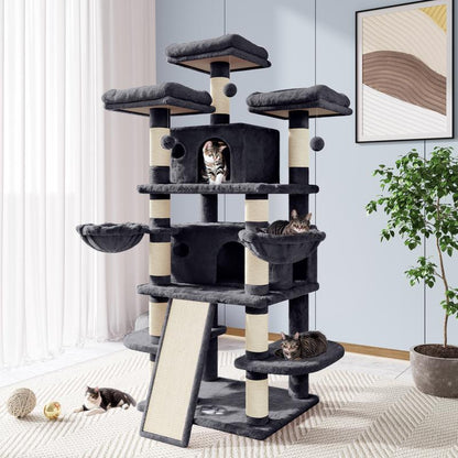 Allewie 68" Cat Tree Tower for Large Cats – Multi-Level Cat Condo with Scratching Posts, Hammocks & Platforms | Sturdy Cat Climbing Tree with Plush Covering (Beige, Pink, Light Grey, Smoky Grey, Leopard Print)