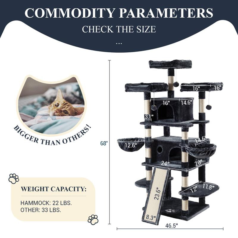 Allewie 68" Cat Tree Tower for Large Cats – Multi-Level Cat Condo with Scratching Posts, Hammocks & Platforms | Sturdy Cat Climbing Tree with Plush Covering (Beige, Pink, Light Grey, Smoky Grey, Leopard Print)