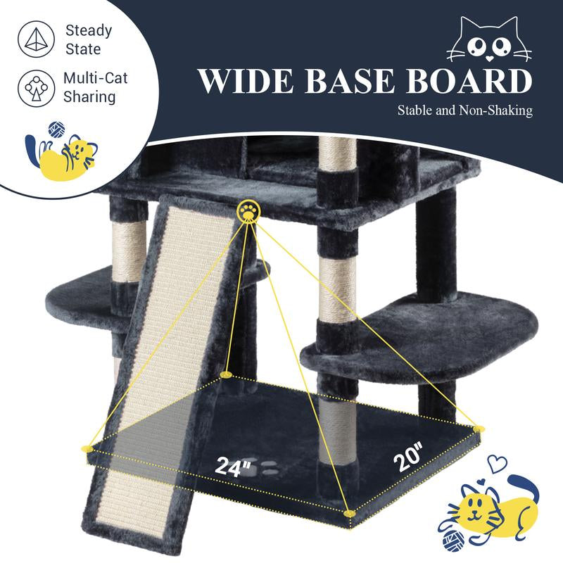 Allewie 68" Cat Tree Tower for Large Cats – Multi-Level Cat Condo with Scratching Posts, Hammocks & Platforms | Sturdy Cat Climbing Tree with Plush Covering (Beige, Pink, Light Grey, Smoky Grey, Leopard Print)