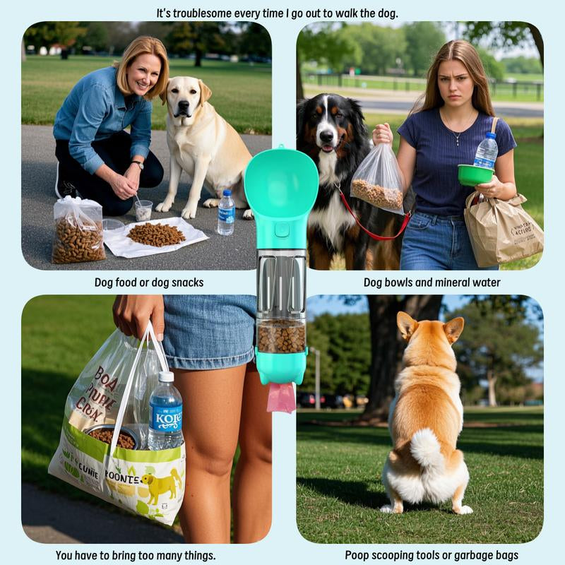 4-in-1 Pet Travel Bottle with Food Container – Portable Dog & Cat Water Dispenser with Poop Shovel & Bag Storage | Leak-Proof, Food-Grade, Ideal for Hiking & Walking