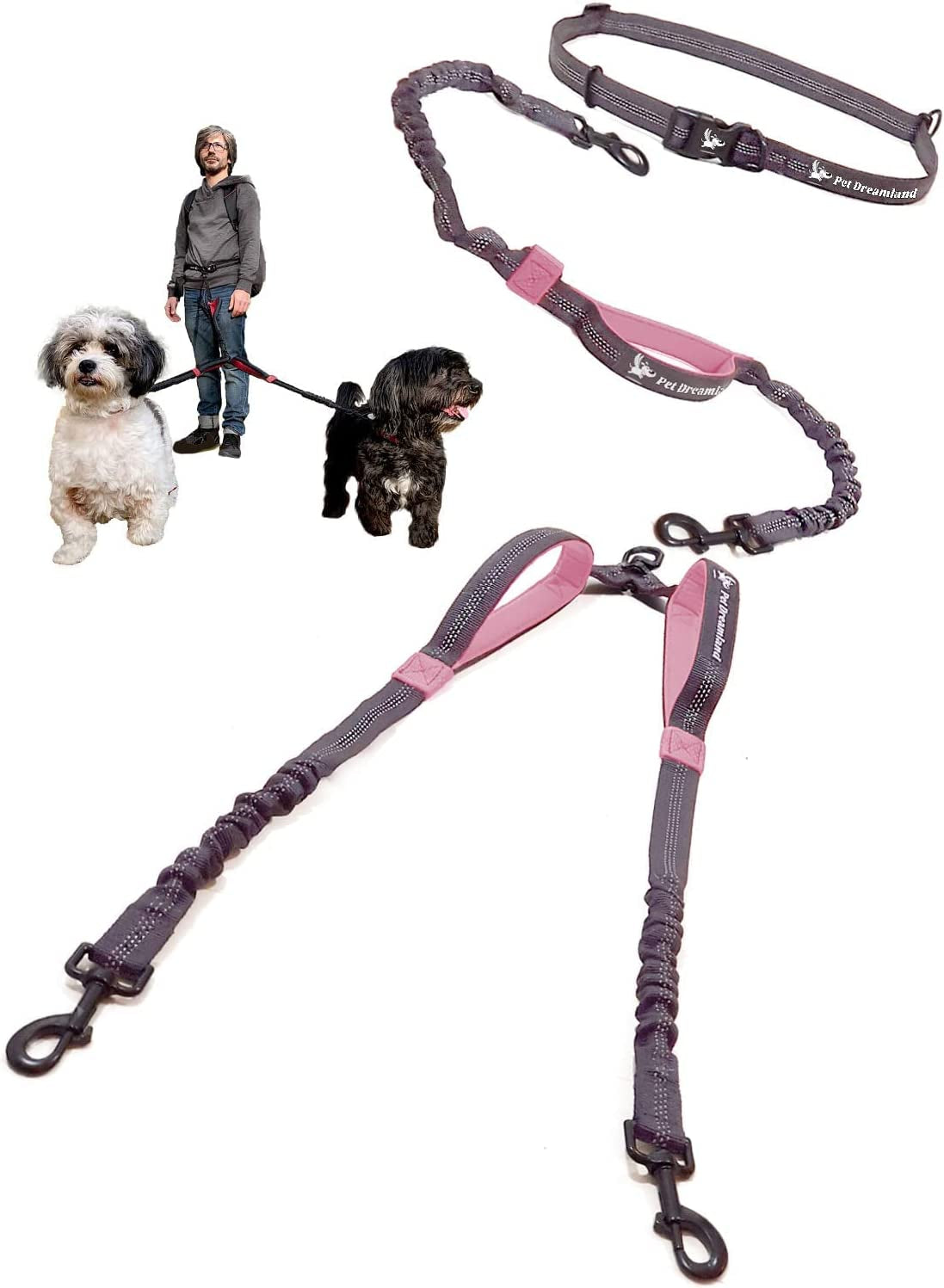 Hands-Free Dual Dog Leash with Waist Belt – No-Tangle Bungee Lead for Walking, Running, and Training Two Medium Dogs (Dark Grey & Pink)