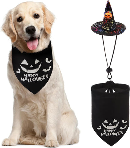 Dog Halloween Bandana & Wizard Hat Set – Cute Pumpkin Costume Accessories for Small, Medium & Large Dogs | Funny Luminous Print Scarf & Adjustable Hat for Boy & Girl Pets (Black)