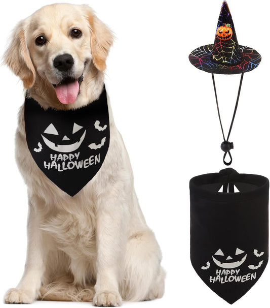Dog Halloween Bandana & Wizard Hat Set – Cute Pumpkin Costume Accessories for Small, Medium & Large Dogs | Funny Luminous Print Scarf & Adjustable Hat for Boy & Girl Pets (Black)