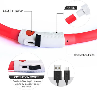 LED Dog Collar – USB Rechargeable Glow in the Dark Necklace for Dogs & Cats | Cuttable Silicone Light-Up Collar with 3 Flash Modes, Waterproof & Visible up to 500m (Red)