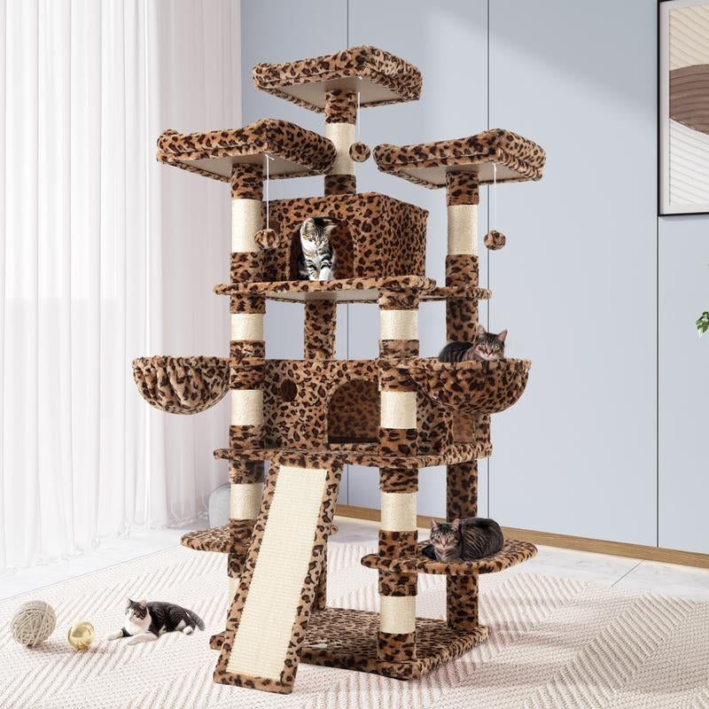 Allewie 68" Cat Tree Tower for Large Cats – Multi-Level Cat Condo with Scratching Posts, Hammocks & Platforms | Sturdy Cat Climbing Tree with Plush Covering (Beige, Pink, Light Grey, Smoky Grey, Leopard Print)