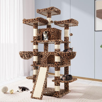 Allewie 68" Cat Tree Tower for Large Cats – Multi-Level Cat Condo with Scratching Posts, Hammocks & Platforms | Sturdy Cat Climbing Tree with Plush Covering (Beige, Pink, Light Grey, Smoky Grey, Leopard Print)