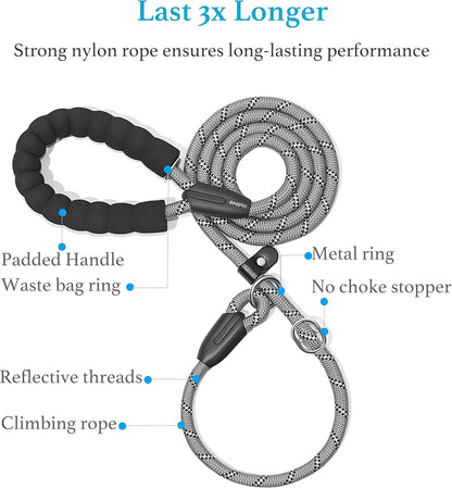 Durable Slip Lead Dog Leash – 6 FT Training Leash with Padded Handle & Reflective Threads | No-Pull, Strong & Comfortable Rope Leash for Small, Medium & Large Dogs (1/2" x 6 FT, Grey)