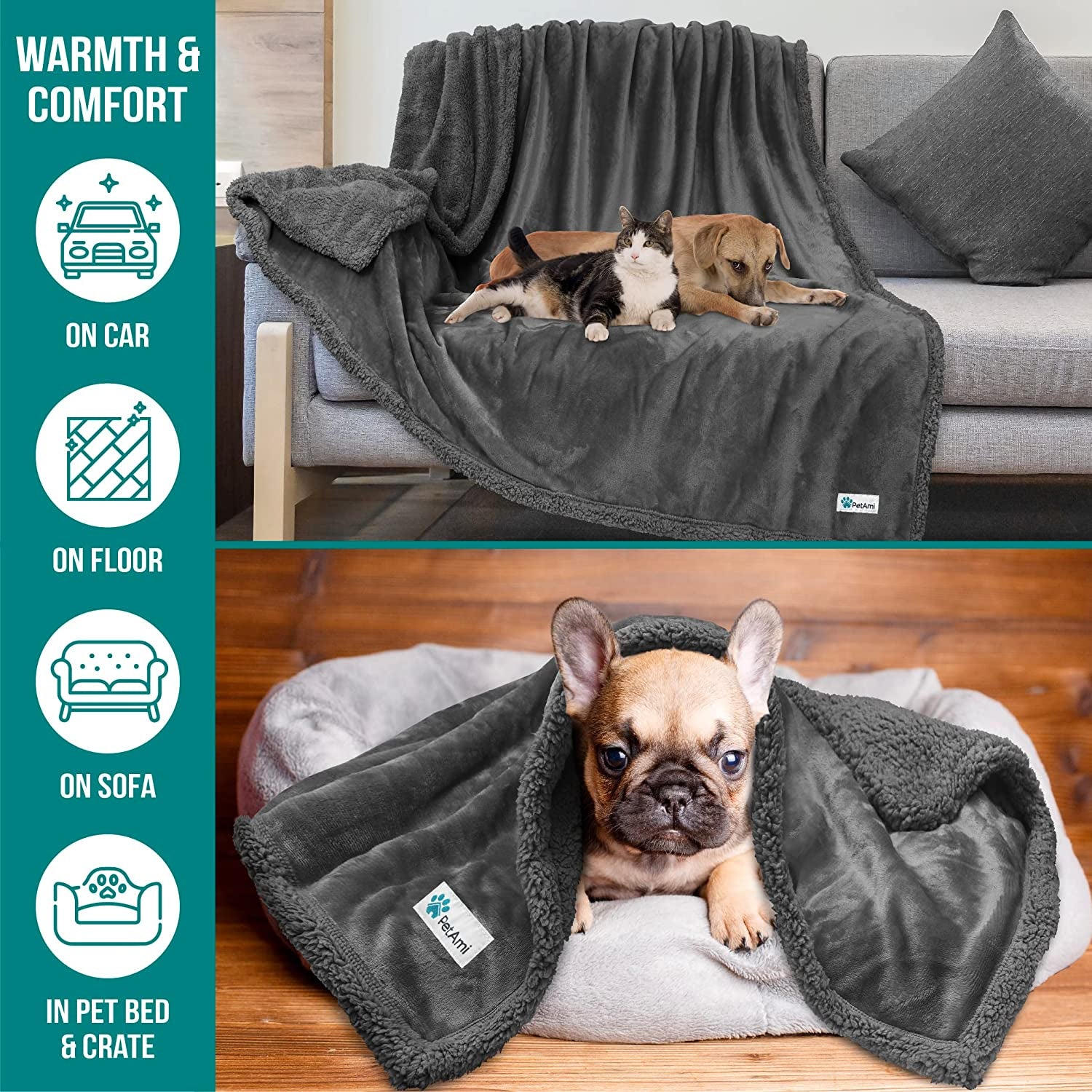 Dog Blanket for Bed – XL Pet Blanket for Large Dogs & Cats | Soft Sherpa Fleece Reversible Couch & Furniture Protector | Washable Plush Throw for Sofa, Car, Crate & Travel (60" x 80", Dark Gray)