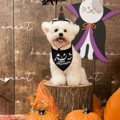 Dog Halloween Bandana & Wizard Hat Set – Cute Pumpkin Costume Accessories for Small, Medium & Large Dogs | Funny Luminous Print Scarf & Adjustable Hat for Boy & Girl Pets (Black)