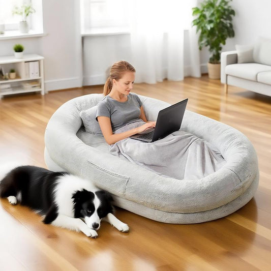 Extra Large Human Dog Bed for Adults & Pets – Cozy Faux Fur Lounger with Pillow & Blanket | Washable Orthopedic Sofa for Deep Sleep & Relaxation | Perfect Gift for Pet Lovers (68"x35"x14")