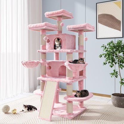 Allewie 68" Cat Tree Tower for Large Cats – Multi-Level Cat Condo with Scratching Posts, Hammocks & Platforms | Sturdy Cat Climbing Tree with Plush Covering (Beige, Pink, Light Grey, Smoky Grey, Leopard Print)