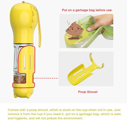 4-in-1 Pet Travel Bottle with Food Container – Portable Dog & Cat Water Dispenser with Poop Shovel & Bag Storage | Leak-Proof, Food-Grade, Ideal for Hiking & Walking