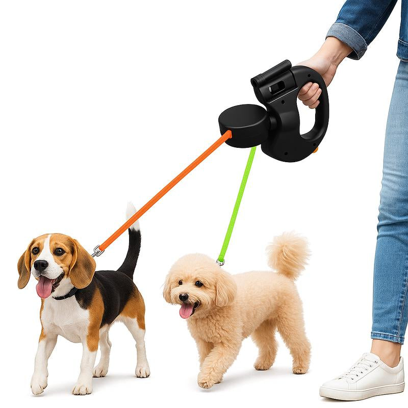 Tangle-Free Dual Dog Leash with 360° Swivel – Retractable 10FT Leash for 2 Small/Medium Dogs (Up to 30 lbs Each) | Anti-Slip Handle, Independent Control & Storage Compartment