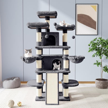 Allewie 68" Cat Tree Tower for Large Cats – Multi-Level Cat Condo with Scratching Posts, Hammocks & Platforms | Sturdy Cat Climbing Tree with Plush Covering (Beige, Pink, Light Grey, Smoky Grey, Leopard Print)