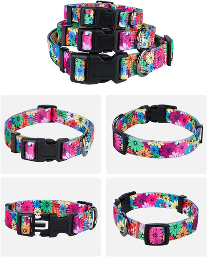 Dog Collar for Small, Medium & Large Dogs – Adjustable Floral Pattern Collar for Girl & Boy Dogs – Comfortable & Durable with Safety Buckle & D-Ring (Medium: Neck 13.1"-19", Width 3/4")