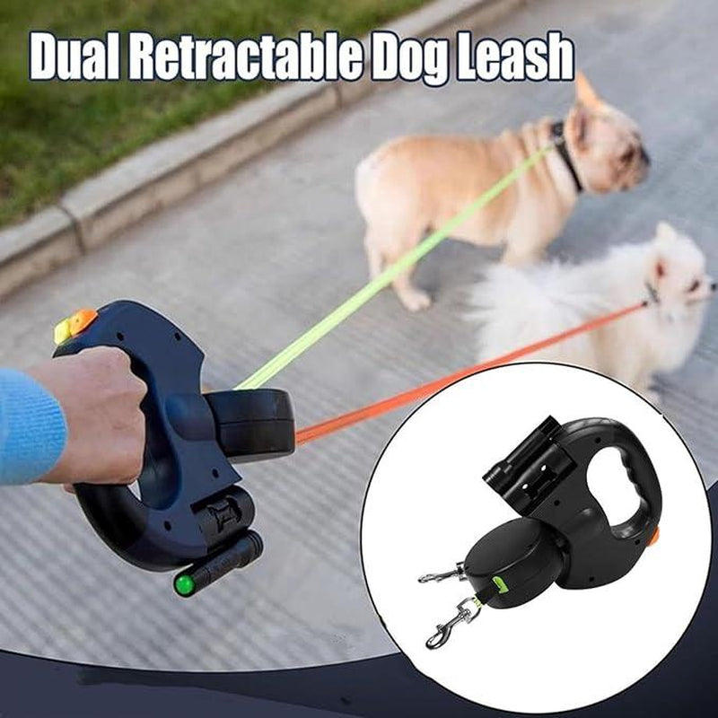 Tangle-Free Dual Dog Leash with 360° Swivel – Retractable 10FT Leash for 2 Small/Medium Dogs (Up to 30 lbs Each) | Anti-Slip Handle, Independent Control & Storage Compartment