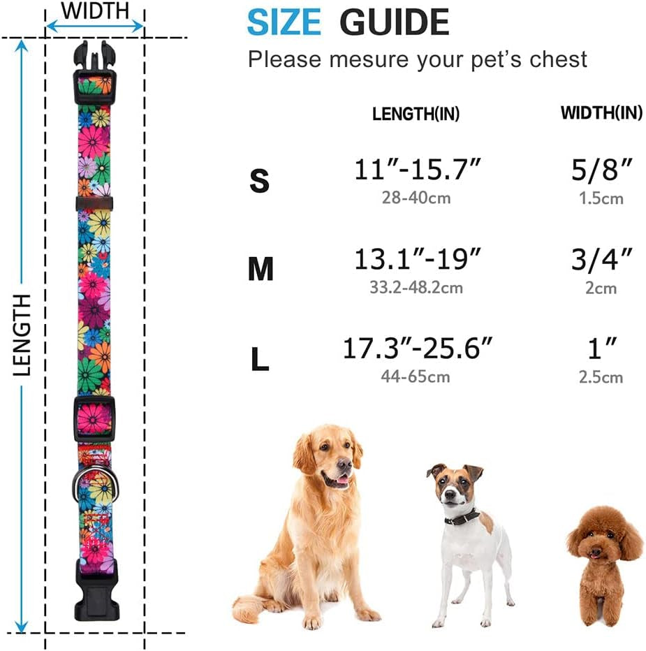 Dog Collar for Small, Medium & Large Dogs – Adjustable Floral Pattern Collar for Girl & Boy Dogs – Comfortable & Durable with Safety Buckle & D-Ring (Medium: Neck 13.1"-19", Width 3/4")