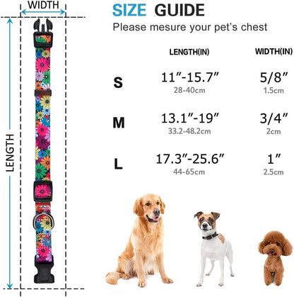 Dog Collar for Small, Medium & Large Dogs – Adjustable Floral Pattern Collar for Girl & Boy Dogs – Comfortable & Durable with Safety Buckle & D-Ring (Medium: Neck 13.1"-19", Width 3/4")