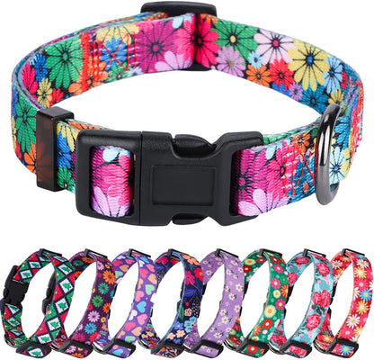 Dog Collar for Small, Medium & Large Dogs – Adjustable Floral Pattern Collar for Girl & Boy Dogs – Comfortable & Durable with Safety Buckle & D-Ring (Medium: Neck 13.1"-19", Width 3/4")
