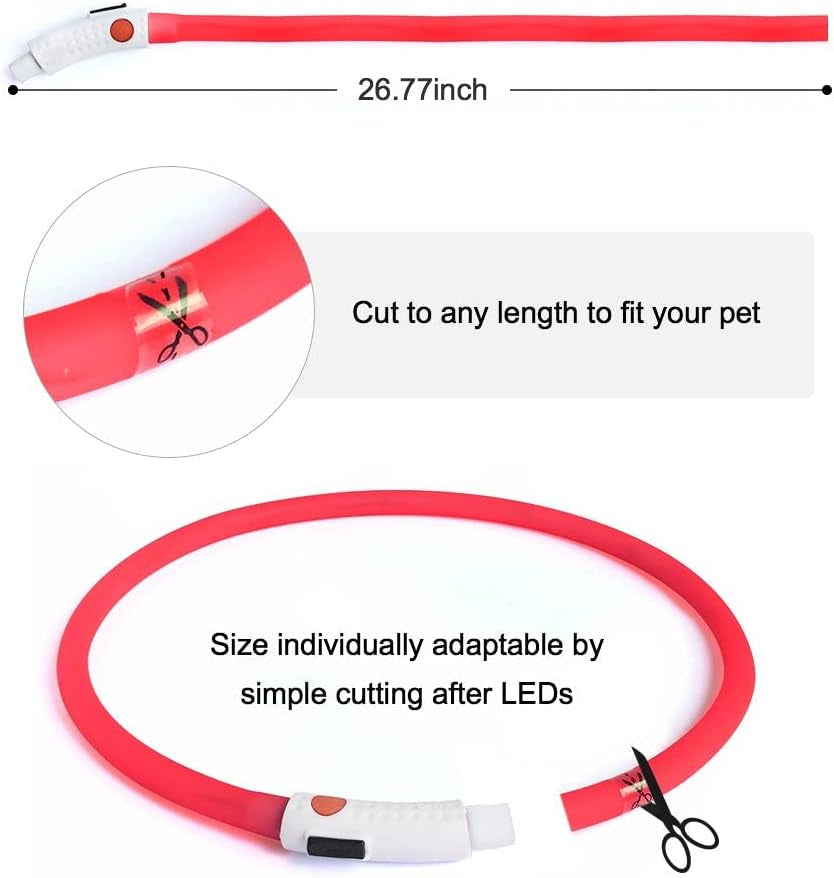 LED Dog Collar – USB Rechargeable Glow in the Dark Necklace for Dogs & Cats | Cuttable Silicone Light-Up Collar with 3 Flash Modes, Waterproof & Visible up to 500m (Red)