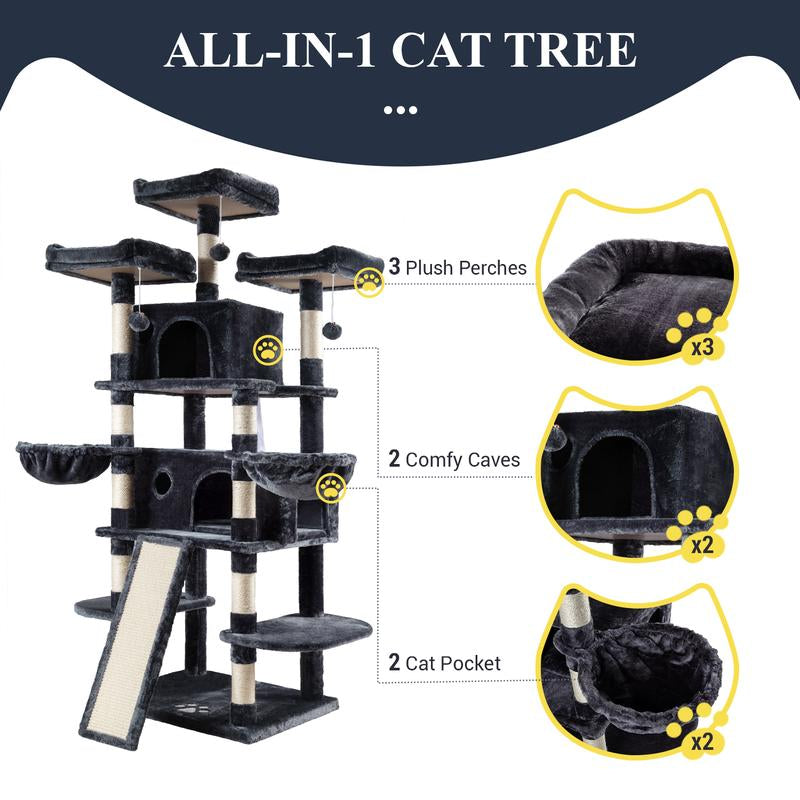 Allewie 68" Cat Tree Tower for Large Cats – Multi-Level Cat Condo with Scratching Posts, Hammocks & Platforms | Sturdy Cat Climbing Tree with Plush Covering (Beige, Pink, Light Grey, Smoky Grey, Leopard Print)