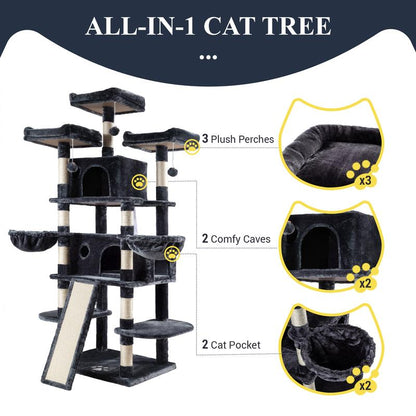 Allewie 68" Cat Tree Tower for Large Cats – Multi-Level Cat Condo with Scratching Posts, Hammocks & Platforms | Sturdy Cat Climbing Tree with Plush Covering (Beige, Pink, Light Grey, Smoky Grey, Leopard Print)