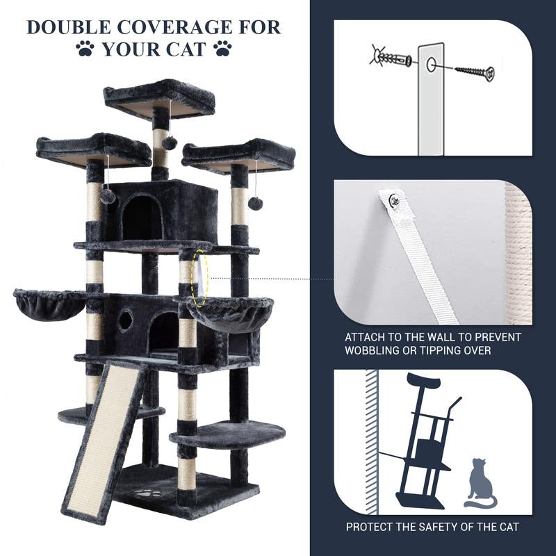 Allewie 68" Cat Tree Tower for Large Cats – Multi-Level Cat Condo with Scratching Posts, Hammocks & Platforms | Sturdy Cat Climbing Tree with Plush Covering (Beige, Pink, Light Grey, Smoky Grey, Leopard Print)