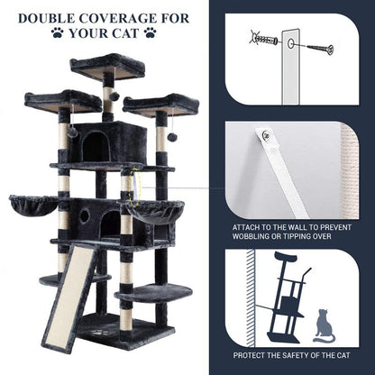 Allewie 68" Cat Tree Tower for Large Cats – Multi-Level Cat Condo with Scratching Posts, Hammocks & Platforms | Sturdy Cat Climbing Tree with Plush Covering (Beige, Pink, Light Grey, Smoky Grey, Leopard Print)