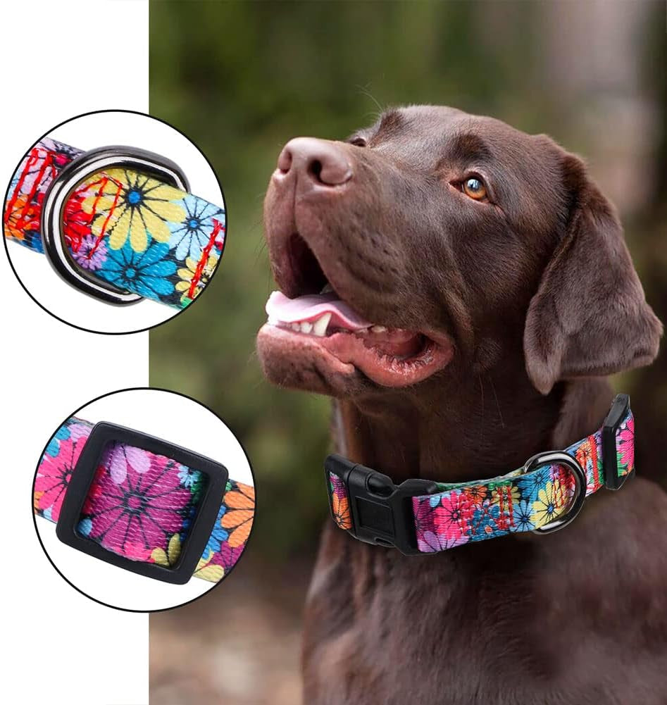 Dog Collar for Small, Medium & Large Dogs – Adjustable Floral Pattern Collar for Girl & Boy Dogs – Comfortable & Durable with Safety Buckle & D-Ring (Medium: Neck 13.1"-19", Width 3/4")